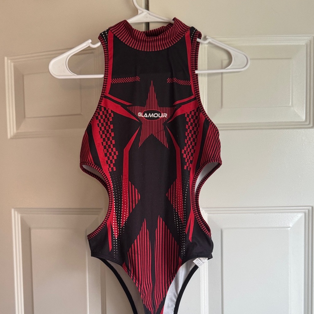 Red and Black Star-Graphic One-Piece Bodysuit with Cut-Outs